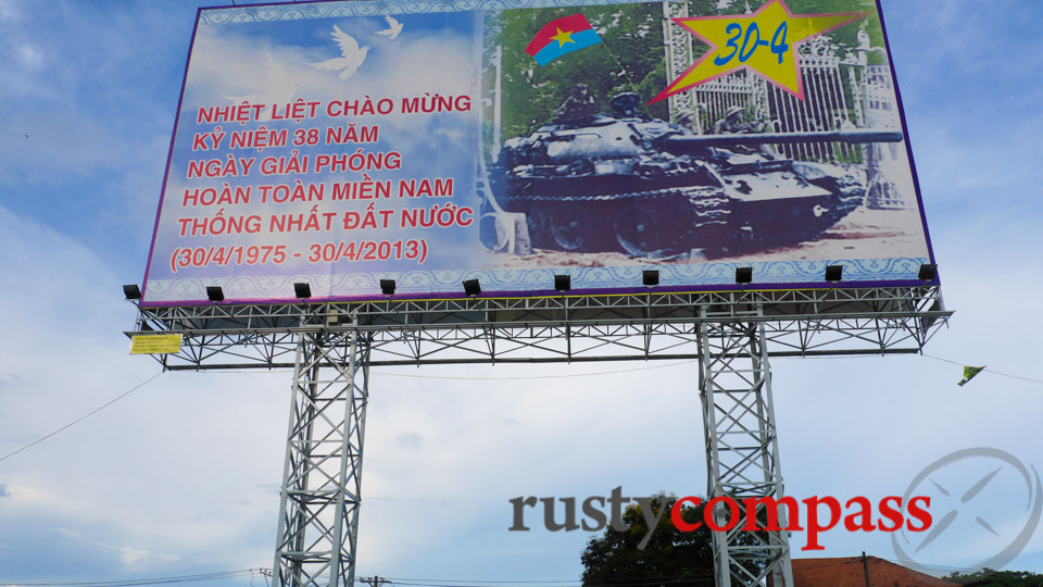 Billboard outside Thu Thiem convent remembers the liberation of the south on 30 April.